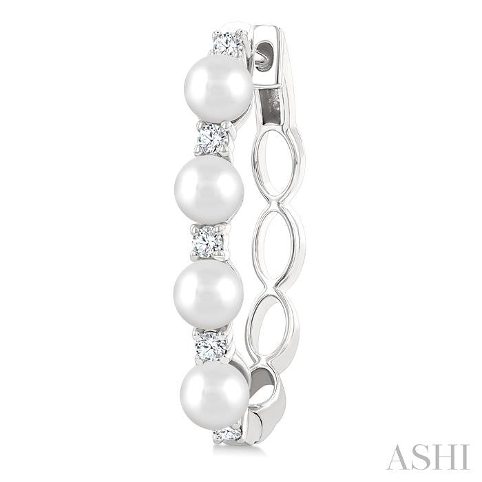1/4 Ctw 4MM White Pearl and Round Cut Diamond Fashion Hoop Earrings in 14K White Gold