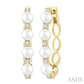 1/4 Ctw 4MM Cultured Pearl and Round Cut Diamond Fashion Hoop Earrings in 14K Yellow Gold