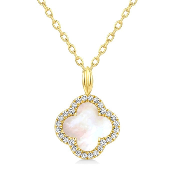 8 MM Mother of Pearl and 1/10 Ctw Round Cut Diamond Clover Petite Halo Pendant With Chain in 10K Yellow Gold