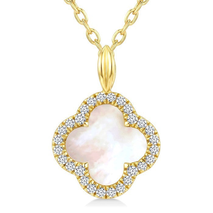 8 MM Mother of Pearl and 1/10 Ctw Round Cut Diamond Clover Petite Halo Pendant With Chain in 10K Yellow Gold