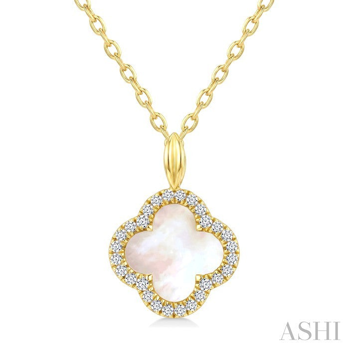 8 MM Mother of Pearl and 1/10 Ctw Round Cut Diamond Clover Petite Halo Pendant With Chain in 10K Yellow Gold