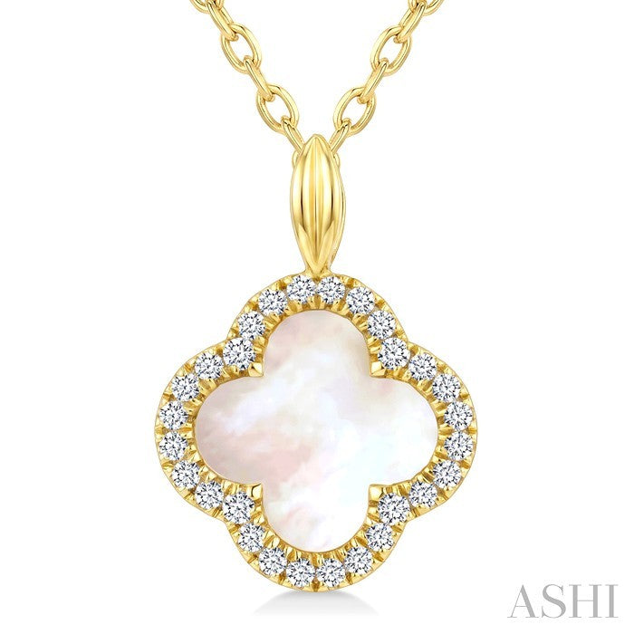 8 MM Mother of Pearl and 1/10 Ctw Round Cut Diamond Clover Petite Halo Pendant With Chain in 10K Yellow Gold
