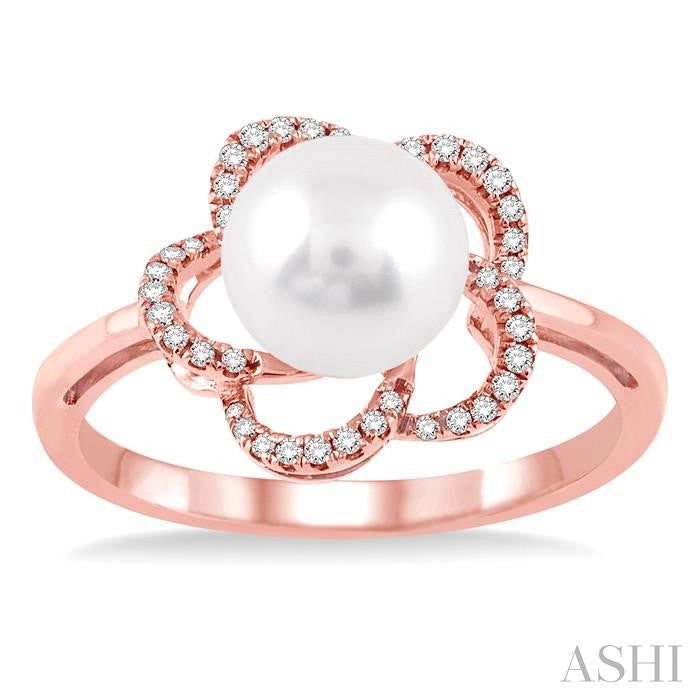 7 MM Cultured Pearl and 1/10 Ctw Round Cut Diamond Ring in 14K Rose Gold