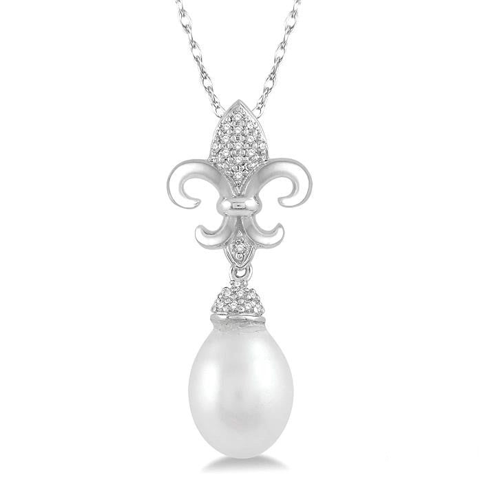 Fleur De Lis Pearl & Diamond Pendant