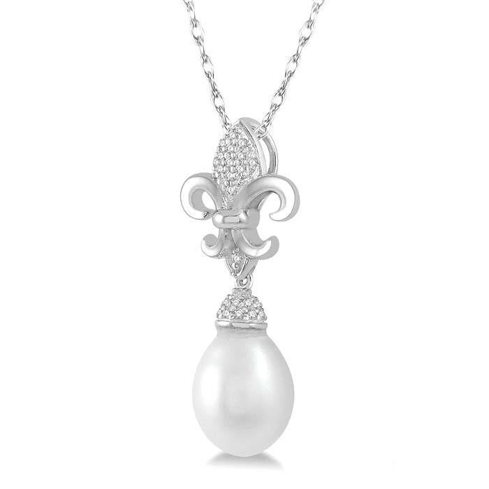 Fleur De Lis Pearl & Diamond Pendant