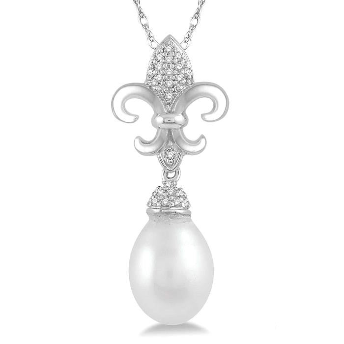 Fleur De Lis Pearl & Diamond Pendant