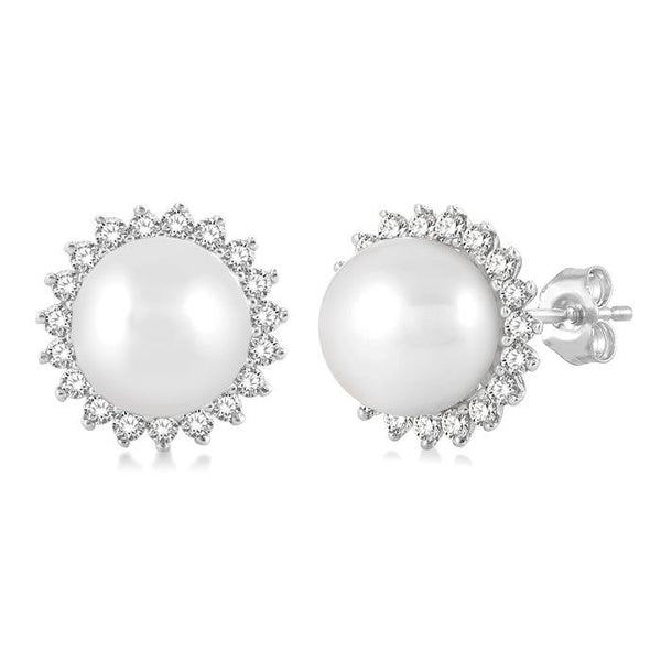 5.5 MM Round Shape Cultured Pearls and 1/6 Ctw Petite Sunflower Round Cut Diamond Fashion Stud Earrings in 10K White Gold
