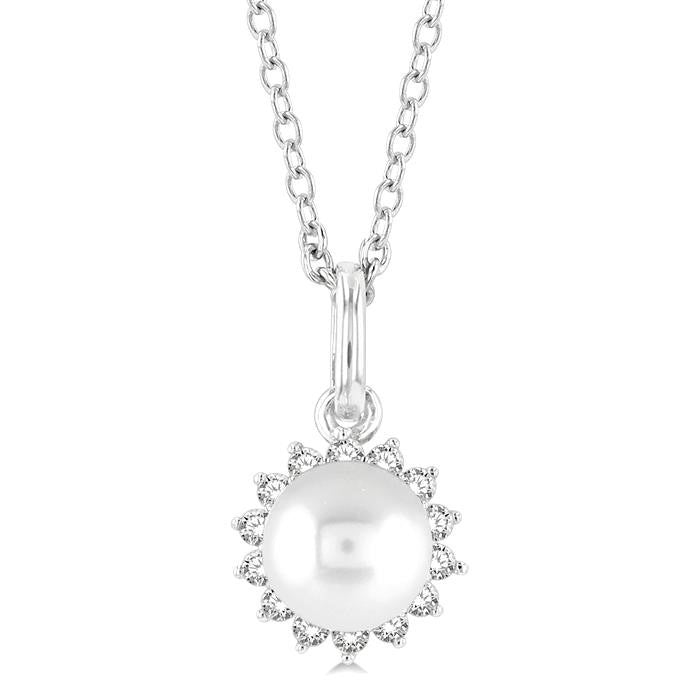 6 MM Round Shape Cultured Pearl and 1/10 Ctw Petite Round Cut Diamond Fashion Pendant With Chain in 10K White Gold