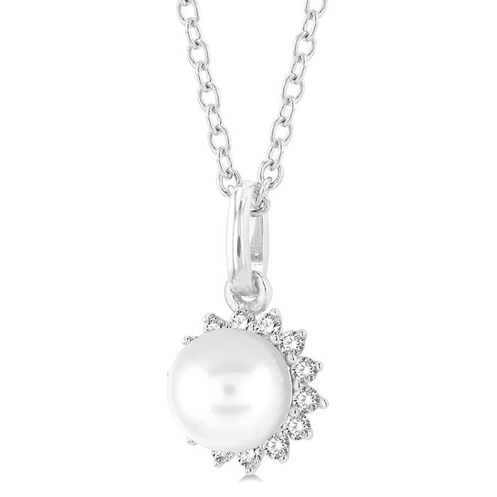 6 MM Round Shape Cultured Pearl and 1/10 Ctw Petite Round Cut Diamond Fashion Pendant With Chain in 10K White Gold