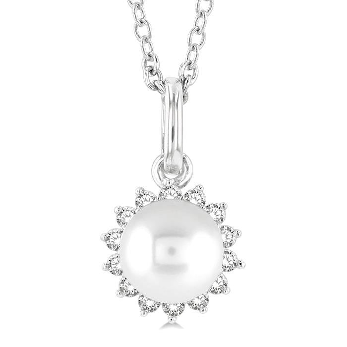 6 MM Round Shape Cultured Pearl and 1/10 Ctw Petite Round Cut Diamond Fashion Pendant With Chain in 10K White Gold