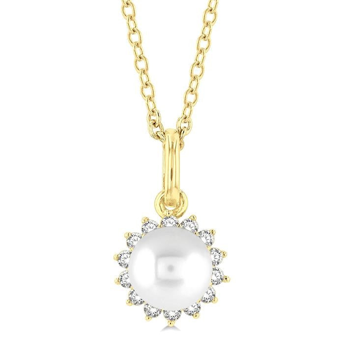 6 MM Round Shape Cultured Pearl and 1/10 Ctw Petite Round Cut Diamond Fashion Pendant With Chain in 10K Yellow Gold