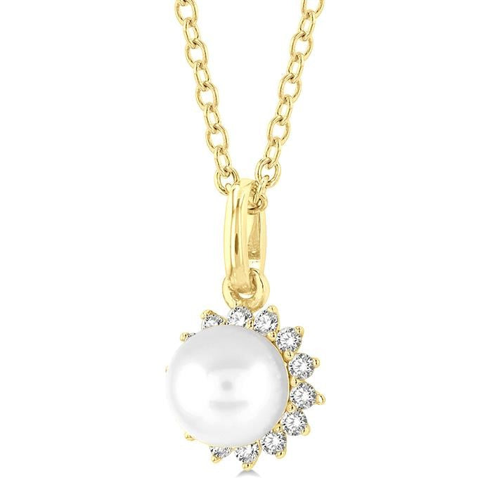 6 MM Round Shape Cultured Pearl and 1/10 Ctw Petite Round Cut Diamond Fashion Pendant With Chain in 10K Yellow Gold