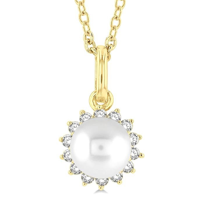 6 MM Round Shape Cultured Pearl and 1/10 Ctw Petite Round Cut Diamond Fashion Pendant With Chain in 10K Yellow Gold