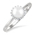 6 MM Round Shape Cultured Pearl and 1/10 Ctw Petite Round Cut Diamond Floral Halo Fashion Ring in 10K White Gold