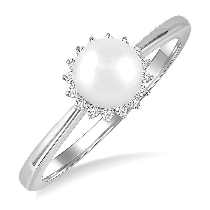 6 MM Round Shape Cultured Pearl and 1/10 Ctw Petite Round Cut Diamond Floral Halo Fashion Ring in 10K White Gold