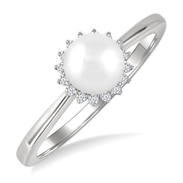 6 MM Round Shape Cultured Pearl and 1/10 Ctw Petite Round Cut Diamond Floral Halo Fashion Ring in 10K White Gold