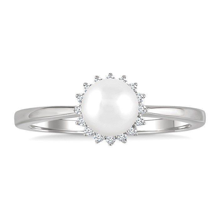 6 MM Round Shape Cultured Pearl and 1/10 Ctw Petite Round Cut Diamond Floral Halo Fashion Ring in 10K White Gold