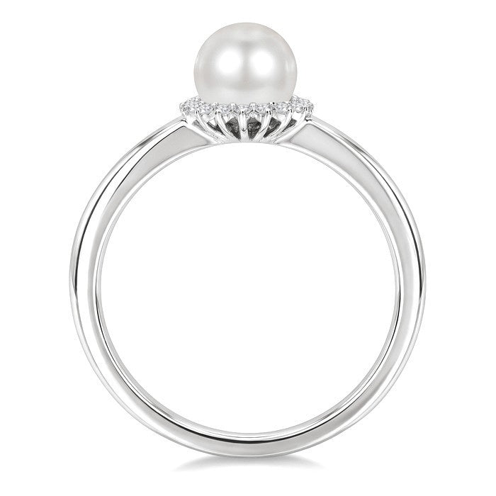 6 MM Round Shape Cultured Pearl and 1/10 Ctw Petite Round Cut Diamond Floral Halo Fashion Ring in 10K White Gold