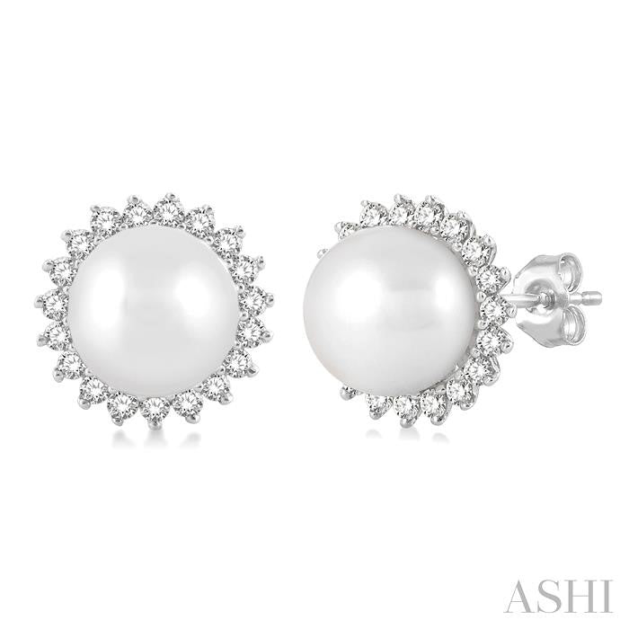 5.5 MM Round Shape Cultured Pearls and 1/6 Ctw Petite Sunflower Round Cut Diamond Fashion Stud Earrings in 10K White Gold
