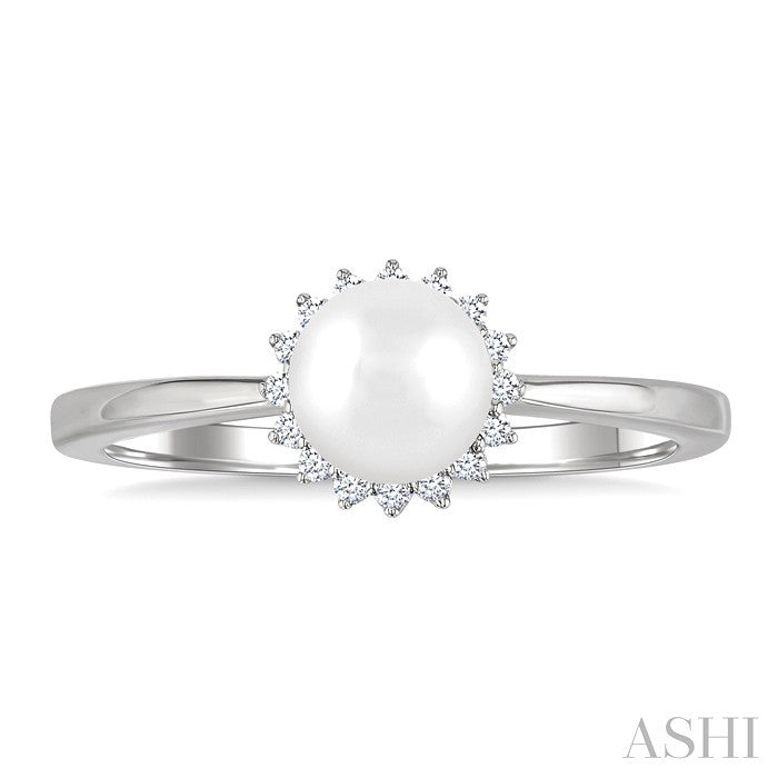 6 MM Round Shape Cultured Pearl and 1/10 Ctw Petite Round Cut Diamond Floral Halo Fashion Ring in 10K White Gold