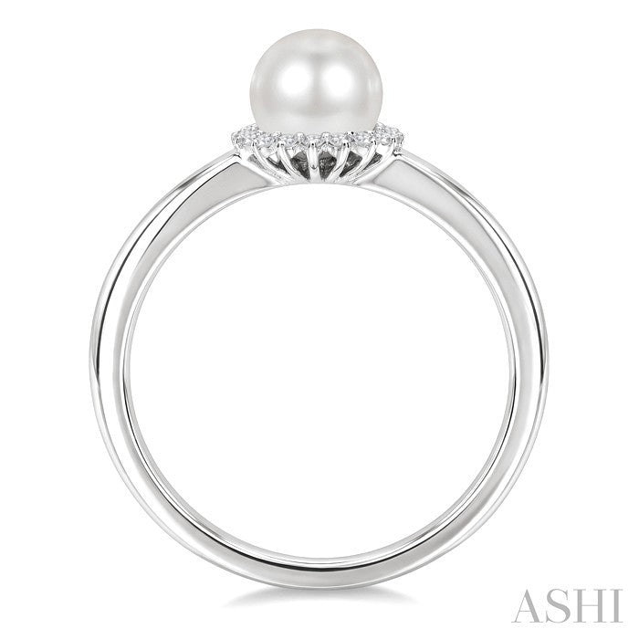 6 MM Round Shape Cultured Pearl and 1/10 Ctw Petite Round Cut Diamond Floral Halo Fashion Ring in 10K White Gold