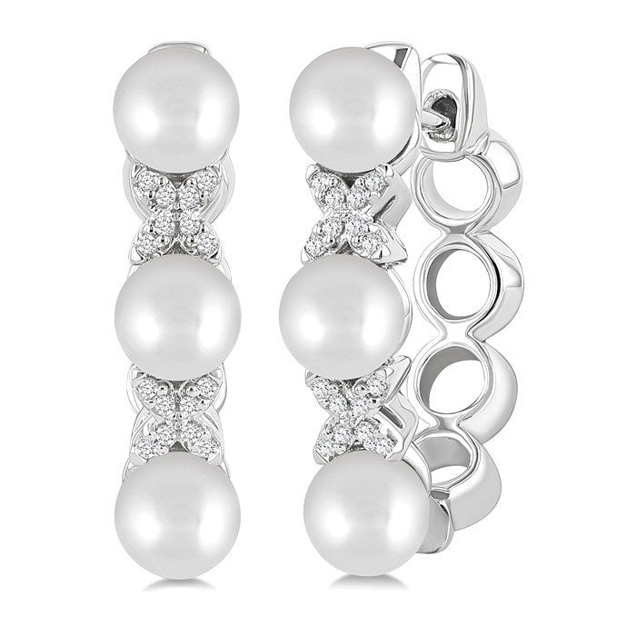 5 MM Cultured Pearl and 1/10 Ctw Round Cut Diamond Flower Earrings in 14K White Gold