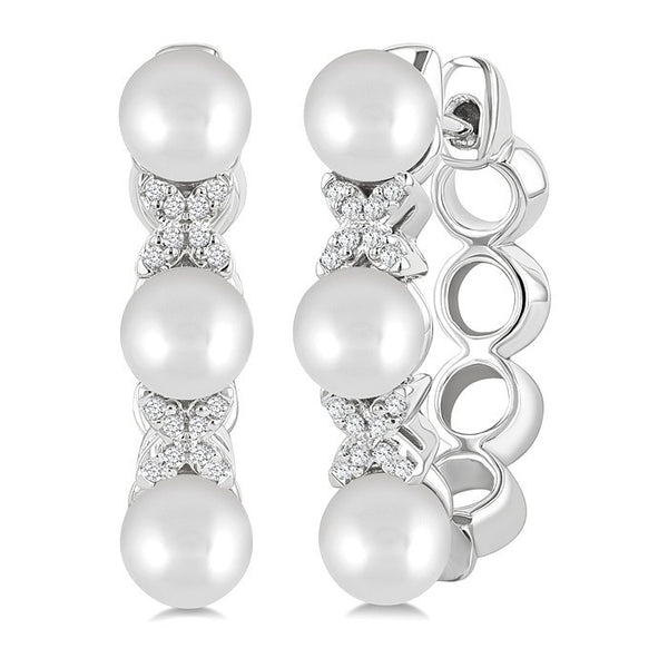 5 MM Cultured Pearl and 1/10 Ctw Round Cut Diamond Flower Earrings in 14K White Gold