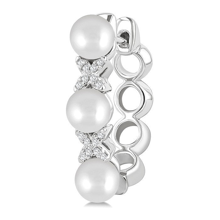 5 MM Cultured Pearl and 1/10 Ctw Round Cut Diamond Flower Earrings in 14K White Gold