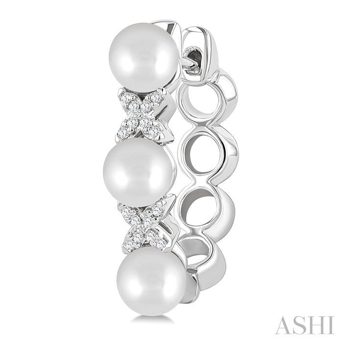 5 MM Cultured Pearl and 1/10 Ctw Round Cut Diamond Flower Earrings in 14K White Gold