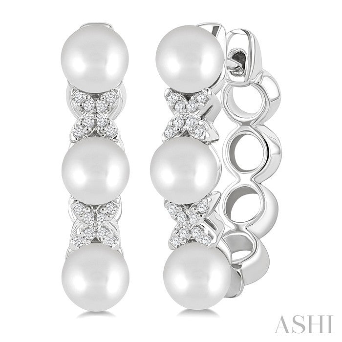 5 MM Cultured Pearl and 1/10 Ctw Round Cut Diamond Flower Earrings in 14K White Gold