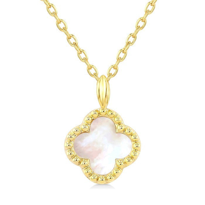 8 MM Mother of Pearl Bead Clover Halo Petite Pendant With Chain in 10K Yellow Gold