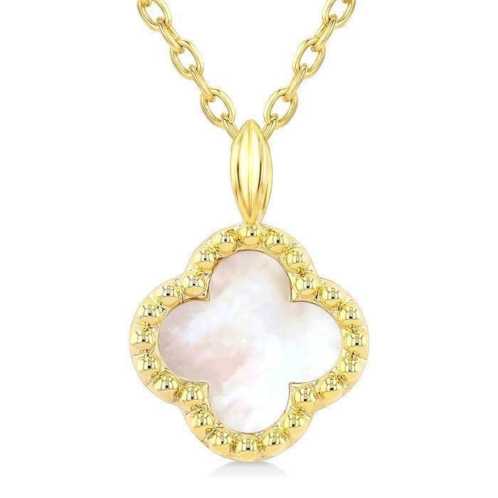8 MM Mother of Pearl Bead Clover Halo Petite Pendant With Chain in 10K Yellow Gold