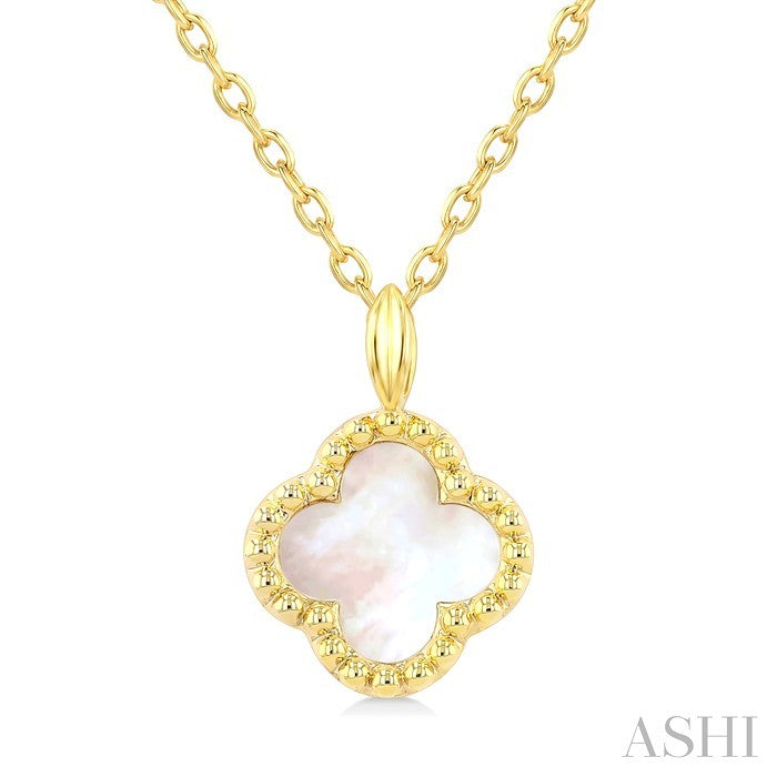 8 MM Mother of Pearl Bead Clover Halo Petite Pendant With Chain in 10K Yellow Gold