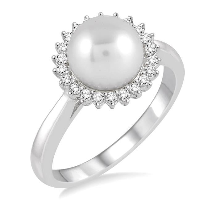8x8 MM Round Shape Cultured Pearl and 1/5 Ctw Round Cut Diamond Ring in 14K White Gold
