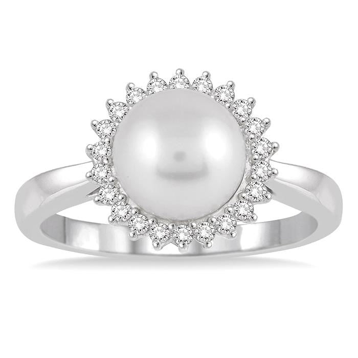 8x8 MM Round Shape Cultured Pearl and 1/5 Ctw Round Cut Diamond Ring in 14K White Gold