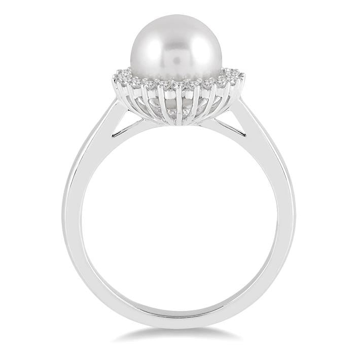 8x8 MM Round Shape Cultured Pearl and 1/5 Ctw Round Cut Diamond Ring in 14K White Gold