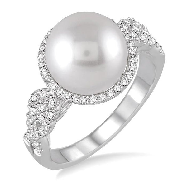 10 MM Cultured Pearl and 3/8 Ctw Round Cut Diamond Ring in 14K White Gold