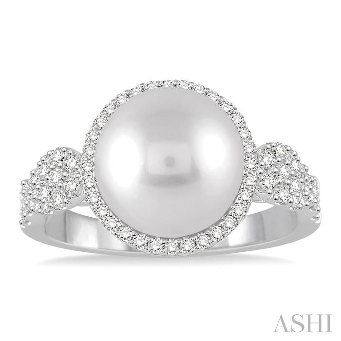 10 MM Cultured Pearl and 3/8 Ctw Round Cut Diamond Ring in 14K White Gold
