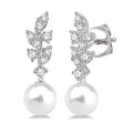 8 MM Cultured Pearl and 1/3 Ctw Diamond Crepe Dangler Earrings in 14K White Gold