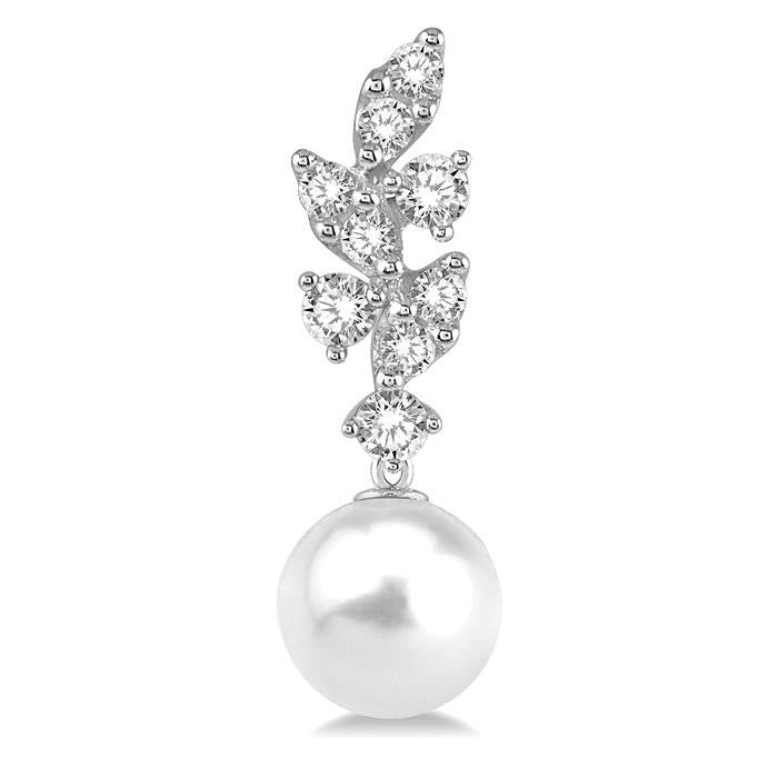 8 MM Cultured Pearl and 1/3 Ctw Diamond Crepe Dangler Earrings in 14K White Gold