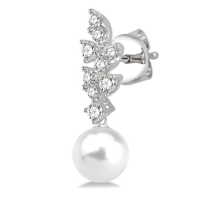 8 MM Cultured Pearl and 1/3 Ctw Diamond Crepe Dangler Earrings in 14K White Gold