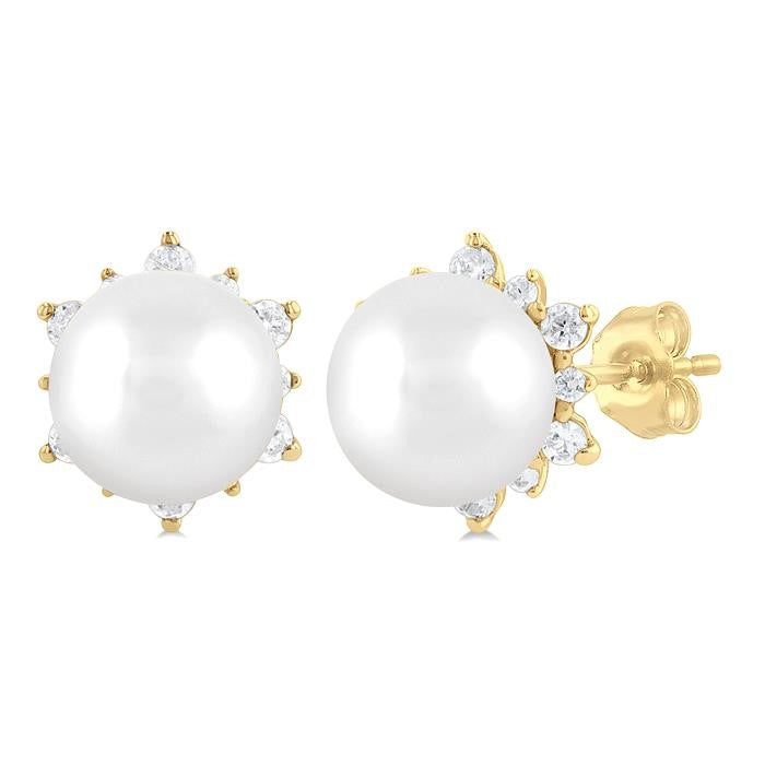 5.50 MM Round Shape Cultured Pearl and 1/6 Ctw Petite Round Cut Diamond Fashion Stud Earrings in 10K Yellow Gold