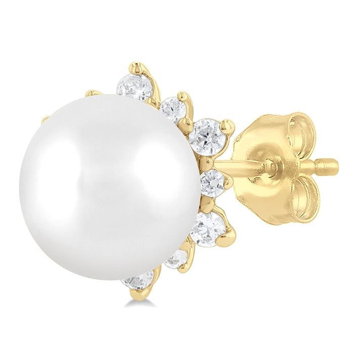 5.50 MM Round Shape Cultured Pearl and 1/6 Ctw Petite Round Cut Diamond Fashion Stud Earrings in 10K Yellow Gold