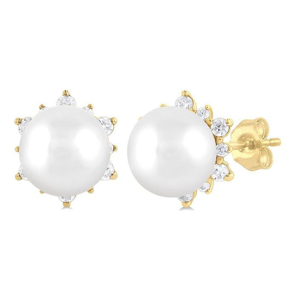 5.50 MM Round Shape Cultured Pearl and 1/6 Ctw Petite Round Cut Diamond Fashion Stud Earrings in 10K Yellow Gold