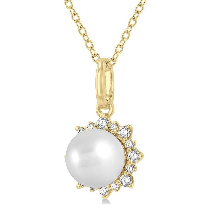 6 MM Round Shape Cultured Pearl and 1/10 Ctw Petite Sun Round Cut Diamond Fashion Pendant With Chain in 10K Yellow Gold