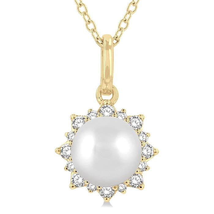 6 MM Round Shape Cultured Pearl and 1/10 Ctw Petite Sun Round Cut Diamond Fashion Pendant With Chain in 10K Yellow Gold