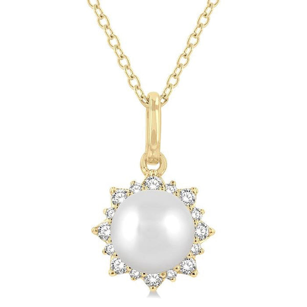 6 MM Round Shape Cultured Pearl and 1/10 Ctw Petite Sun Round Cut Diamond Fashion Pendant With Chain in 10K Yellow Gold