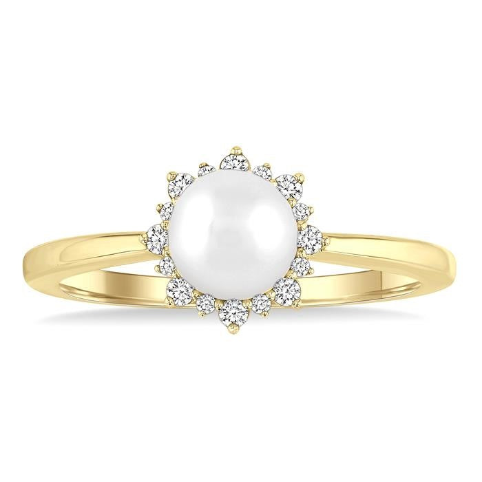6 MM Round Shape Cultured Pearl and 1/10 Ctw Petite Round Cut Diamond Sunburst Halo Fashion Ring in 10K Yellow Gold