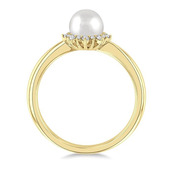 6 MM Round Shape Cultured Pearl and 1/10 Ctw Petite Round Cut Diamond Sunburst Halo Fashion Ring in 10K Yellow Gold