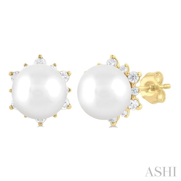 5.50 MM Round Shape Cultured Pearl and 1/6 Ctw Petite Round Cut Diamond Fashion Stud Earrings in 10K Yellow Gold